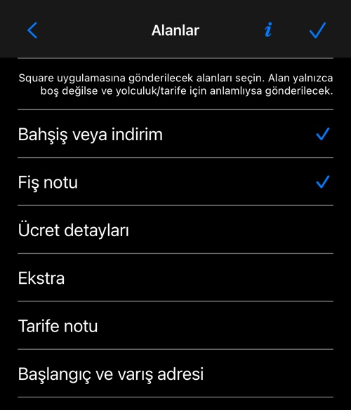 Gönderilecek alanlar seçici