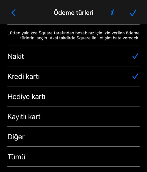 Ödeme türleri ekranı