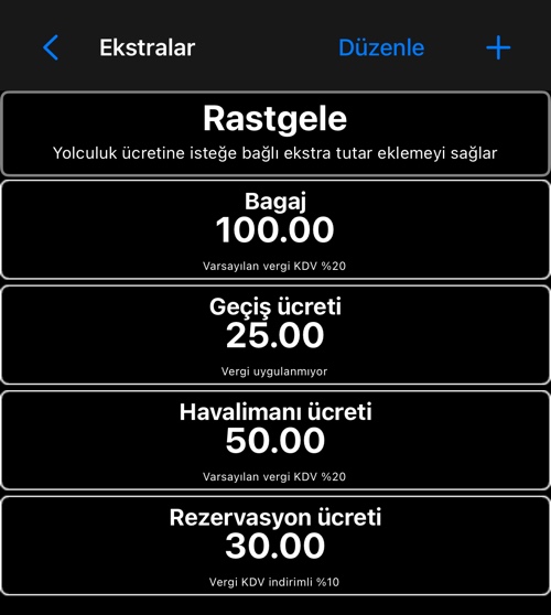 Her ekstranın hangi vergiyi taşıdığını gösteren ekstralar listesi