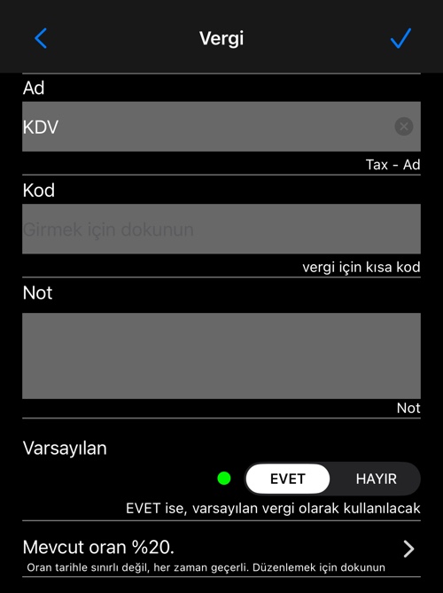 Vergi düzenleyici: ad, kod, not, varsayılan anahtarı ve geçerli oran