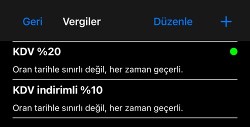 Oranlarıyla vergi listesi; varsayılan olan yeşil noktayla işaretli