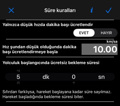 Süre kuralları ekranı: düşük hız anahtarı, hız eşiği ve bekleme süresi