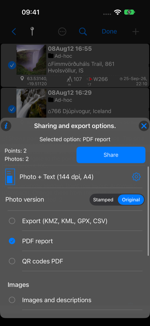 Tùy chọn báo cáo PDF với bố cục xem trước, khổ giấy, DPI và nút cài đặt
