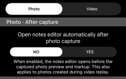 Bộ chọn Photo/Video và mục «After capture» với công tắc và phần giải thích