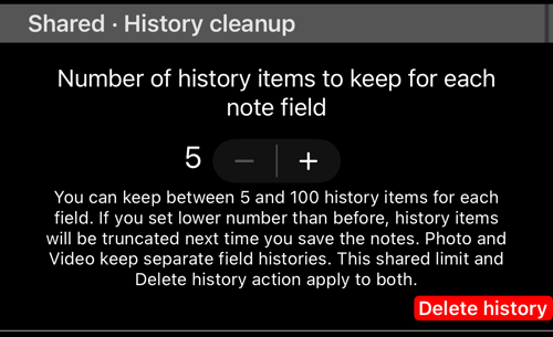 History cleanup dùng chung: số mục giữ cho mỗi trường và nút Delete history