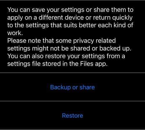Manage app settings: phần giải thích, bên dưới là Backup or share và Restore