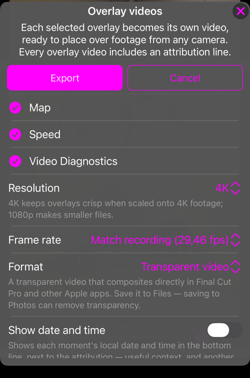 Các tùy chọn Overlay videos: mọi lớp phủ có trong bản ghi này đều được chọn, cùng hàng Resolution