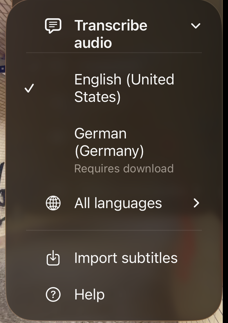 Transcription language list leading with the user&rsquo;s own languages, followed by All languages, Import subtitles and Help
