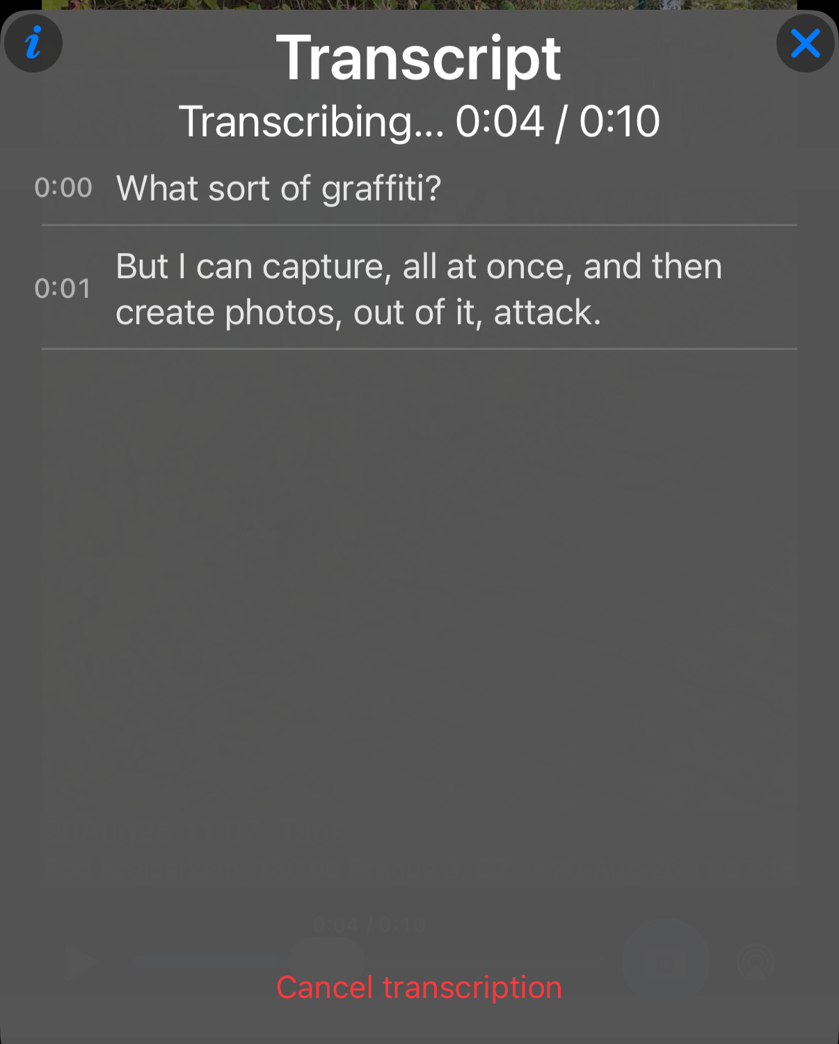 Transcription in progress: recognized lines appearing in the panel, the progress shown against the video duration, and a Cancel transcription action