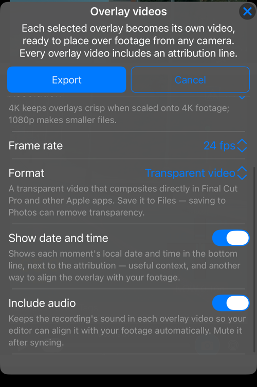 Các tùy chọn còn lại: Frame rate, Format kèm phần giải thích, Show date and time và Include audio