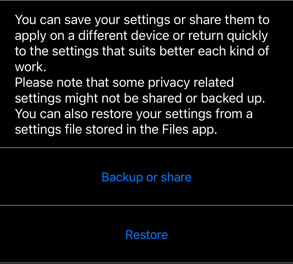 Manage app settings: phần giải thích, bên dưới là Backup or share và Restore