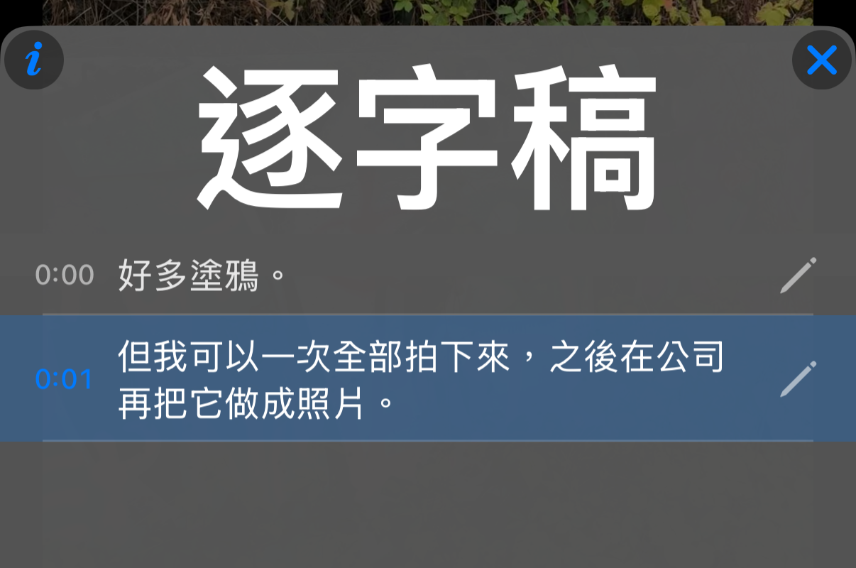 逐字稿面板，每句一行並附時間，目前的行以高亮顯示