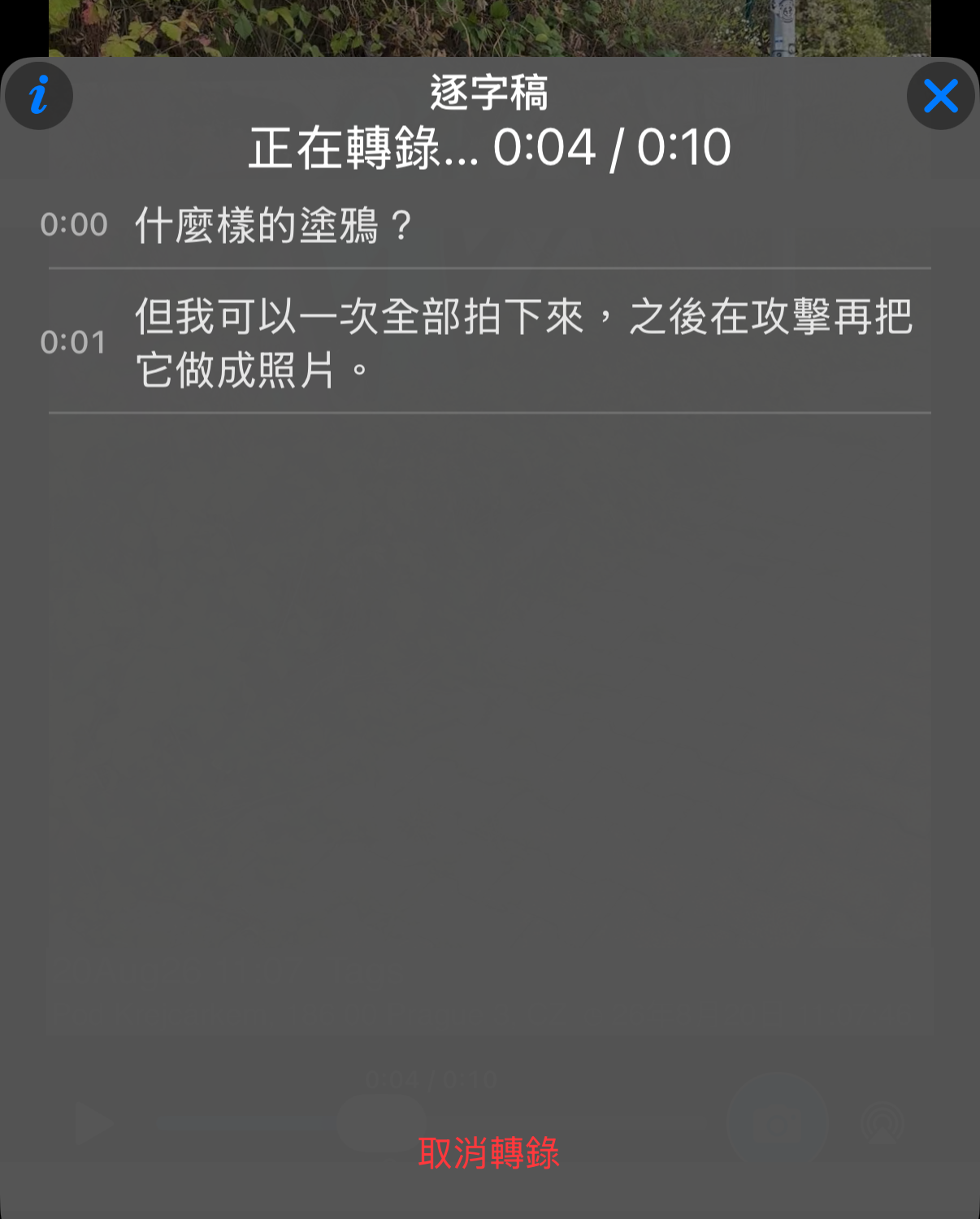 進行中的逐字稿：辨識出的行逐一出現在面板中，進度以影片長度為基準顯示，下方為取消轉寫的動作