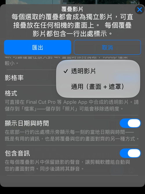 格式選擇：透明影片，或通用（畫面 + 遮罩）