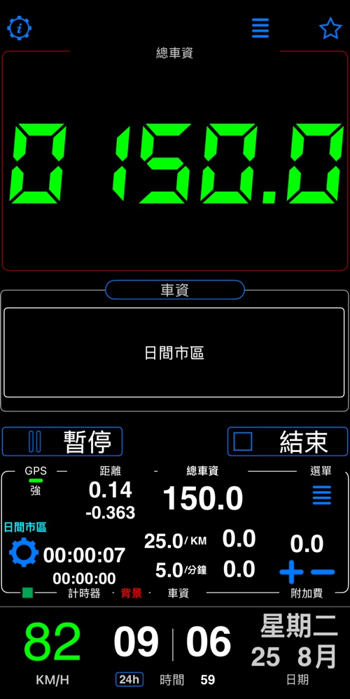 行程開始時的儀表板,計費里程為負值