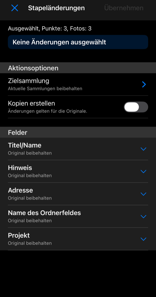 Bildschirm Stapeländerungen mit Punkt- und Fotoanzahl, Aktionsoptionen und eingeklappten Feldern