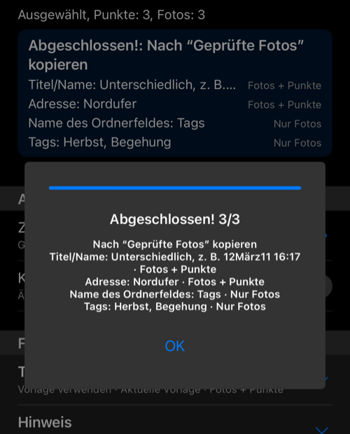 Fortschrittsfenster Abgeschlossen 3/3 nach dem Kopieren der ausgewählten Fotos und Punkte
