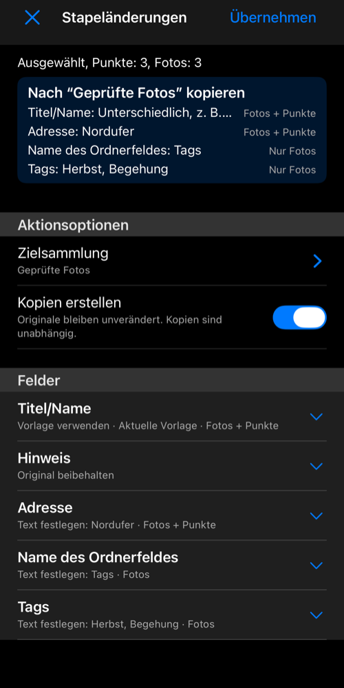 Geprüfte Kopie in eine Zielsammlung; Adresse und Foto-Tags erscheinen in der Änderungsübersicht