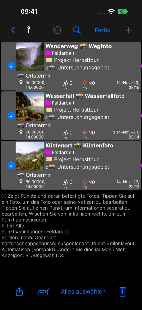 Drei Fotopunkte in der Punktliste ausgewählt; ein Pfeil zeigt auf Auswahl ändern in der unteren Symbolleiste