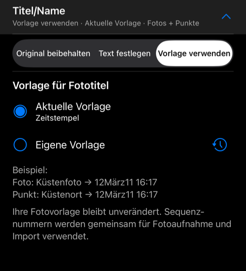 Titel/Name mit Vorlage verwenden, aktueller und eigener Vorlage sowie einem Beispieltitel