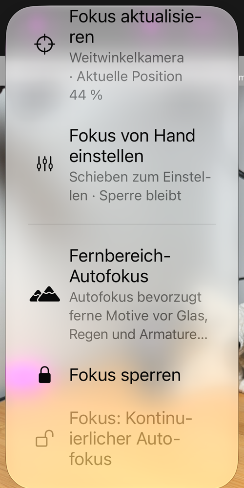 Die von der AF-Taste geöffneten Fokusoptionen: „Auf gespeicherten Fokus sperren“, „Gespeicherten Fokus aktualisieren“, „Fokus von Hand einstellen“, „Fernbereich-Autofokus“, „Fokus sperren“ und die Statuszeile
