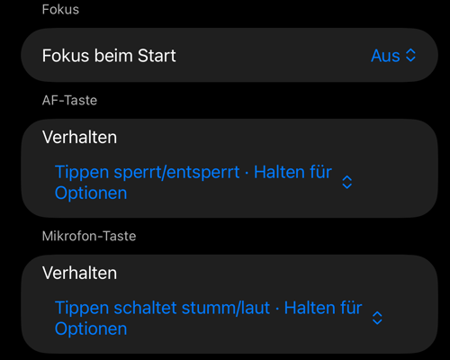 Die Abschnitte „Fokus“, „AF-Taste“ und „Mikrofon-Taste“ in den Einstellungen der Sucher-Bedienung