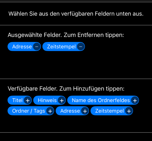 Der Zeileneditor: ausgewählte Felder Adresse und Zeitstempel, darunter die sechs verfügbaren
