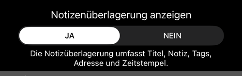 «Notizenüberlagerung anzeigen» auf JA, darunter die Zeile mit den sechs Feldern
