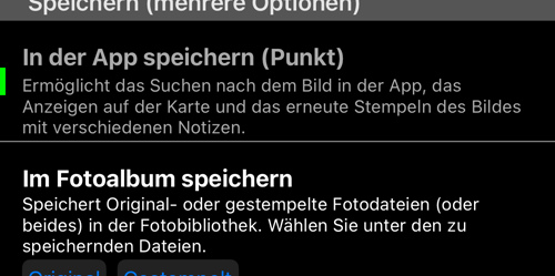 Die Speicherziele; die Kopien, die die App verlassen, haben je eine eigene Wahl zwischen Original und gestempelt
