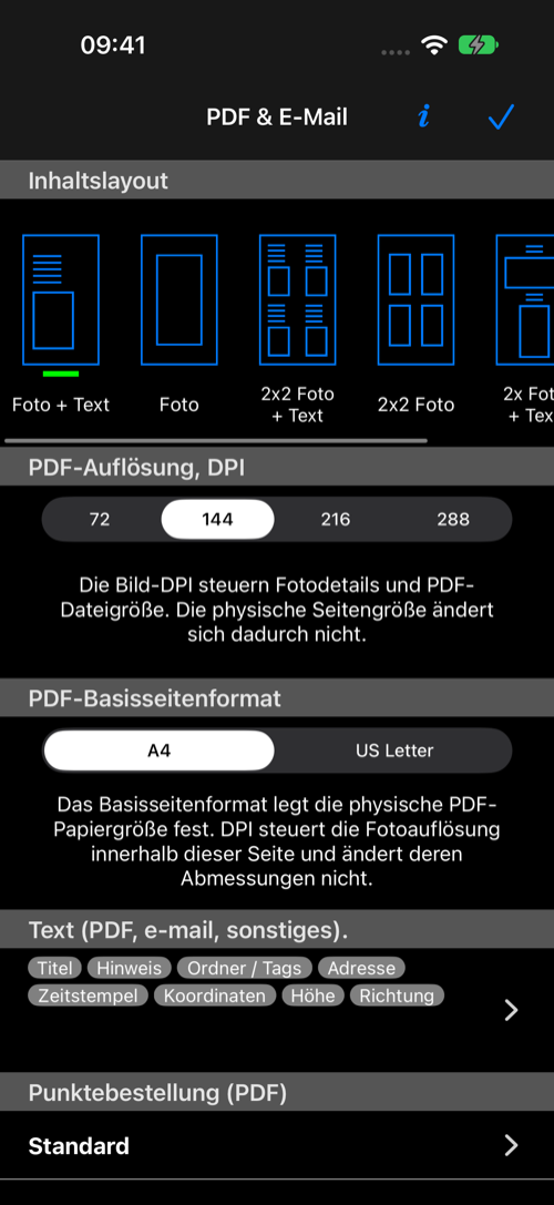 PDF- und E-Mail-Einstellungen mit Layout, DPI, Papierformat, Textfeldern und Punktereihenfolge