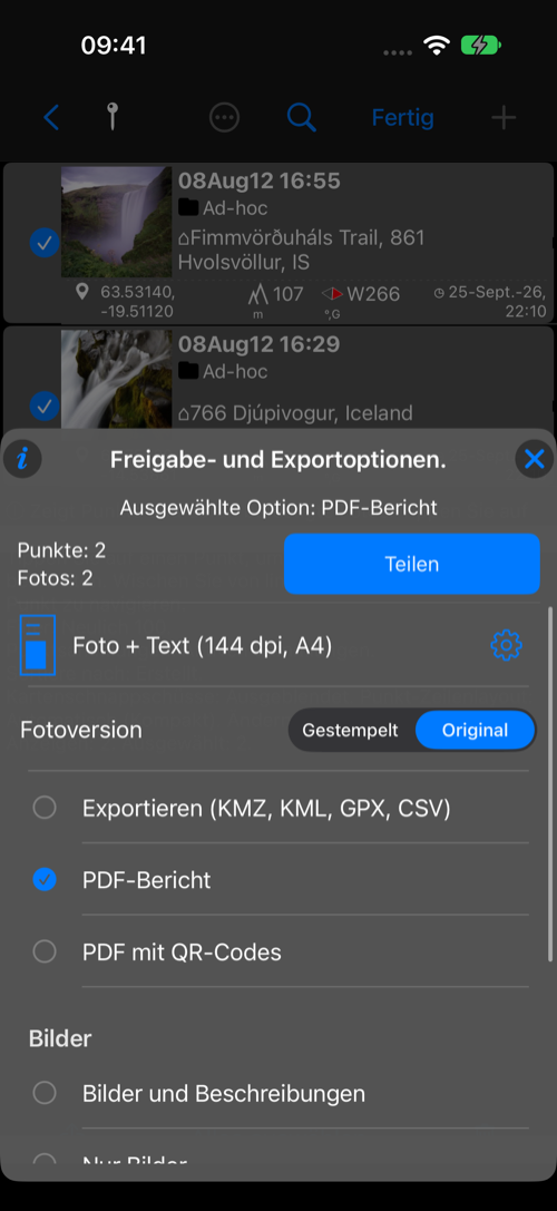 PDF-Bericht im Teilen-Menü mit Layoutvorschau, Papierformat, DPI und Einstellungsschaltfläche