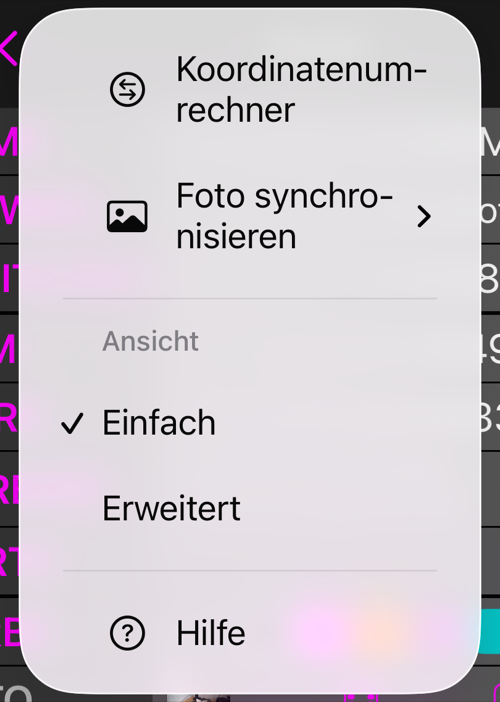 Das Menü Mehr des Punkt-Editors: Koordinatenumrechner, Foto synchronisieren, der Abschnitt Ansicht mit Einfach als Häkchen und Erweitert darunter, und Hilfe
