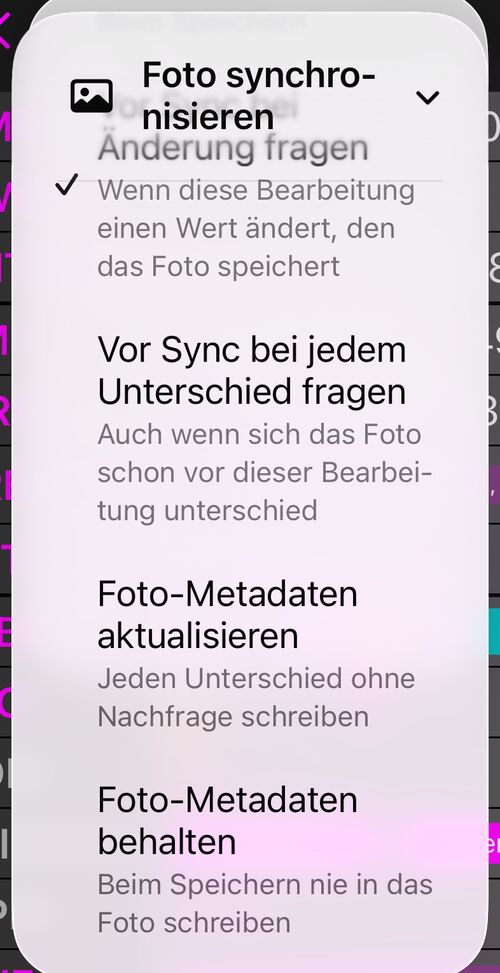 Der Abschnitt Beim Speichern im Menü Foto synchronisieren mit seinen vier Möglichkeiten