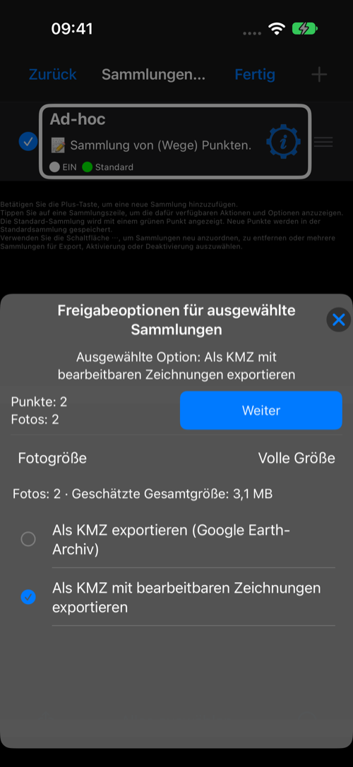 Ausgewählte Sammlung mit KMZ-Export und bearbeitbaren Zeichnungen