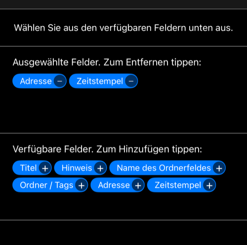 Aktueller Zeileneditor mit ausgewählten und verfügbaren Feldern