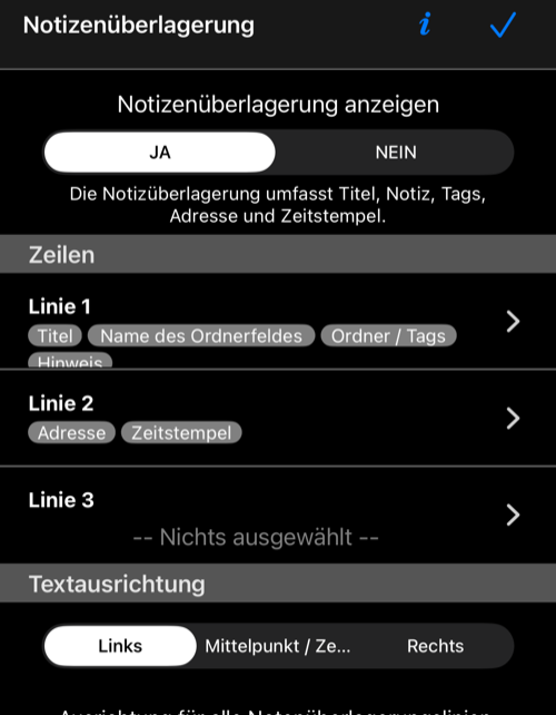 Aktuelle Einstellungen der Notizenüberlagerung mit Zeitstempel in Zeile 2