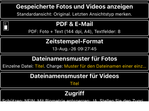 Aktuelle Einstellungszeilen für Zeitstempel und Dateinamensmuster