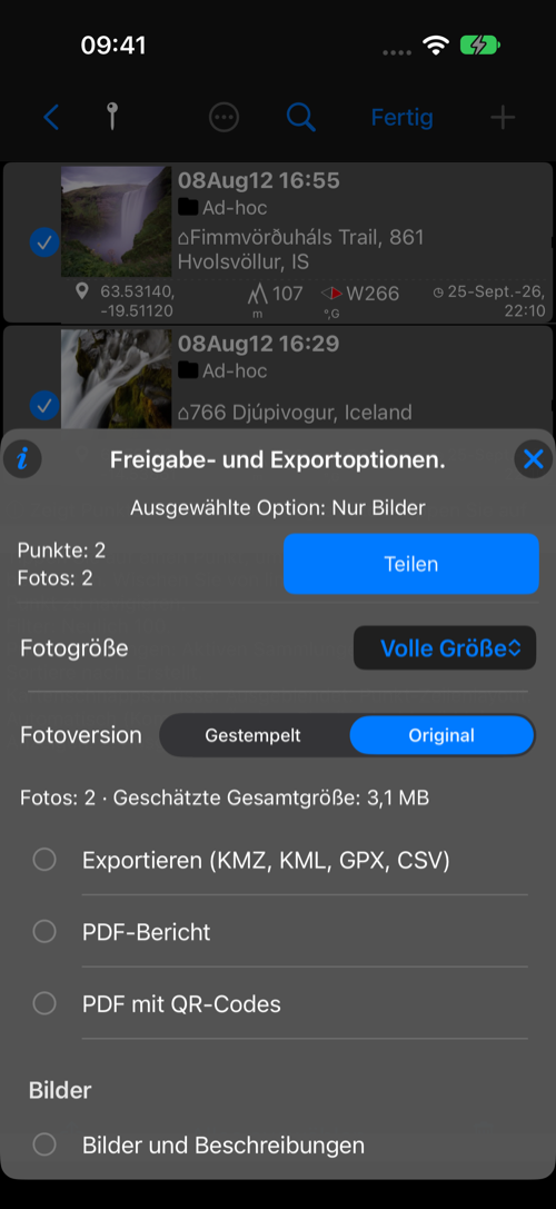 Zwei ausgewählte Fotopunkte mit Anzahl und Größenschätzung