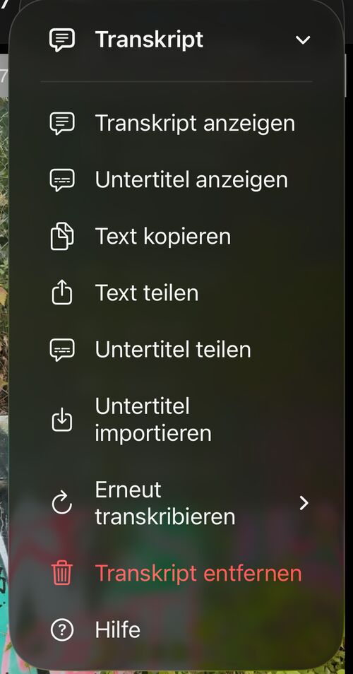 Transkript-Menü mit Transkript anzeigen, Untertitel anzeigen, Text kopieren, Text teilen, Untertitel teilen, Untertitel importieren, Erneut transkribieren, Transkript entfernen und Hilfe