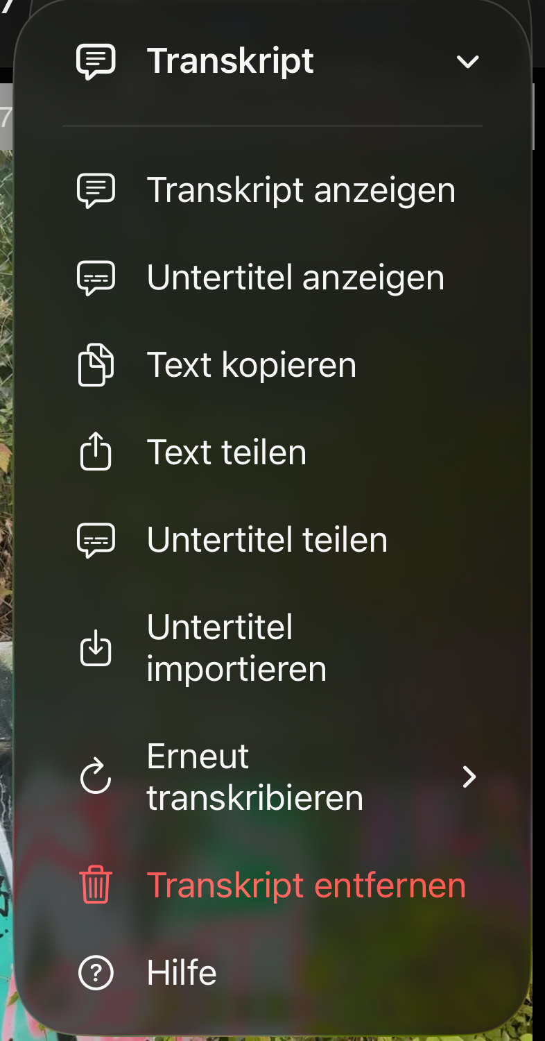 Transkript-Menü mit Transkript anzeigen, Untertitel anzeigen, Text kopieren, Text teilen, Untertitel teilen, Untertitel importieren, Erneut transkribieren, Transkript entfernen und Hilfe