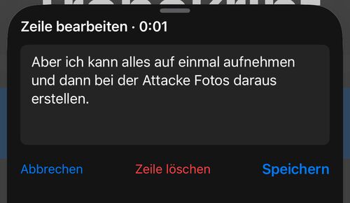 Zeilen-Editor mit dem korrigierten Text und den Aktionen Abbrechen, Zeile löschen und Sichern