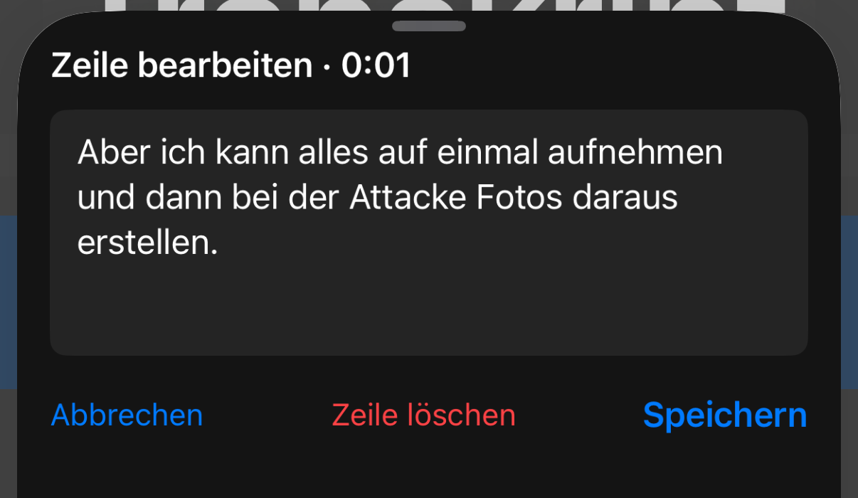 Zeilen-Editor mit dem korrigierten Text und den Aktionen Abbrechen, Zeile löschen und Sichern