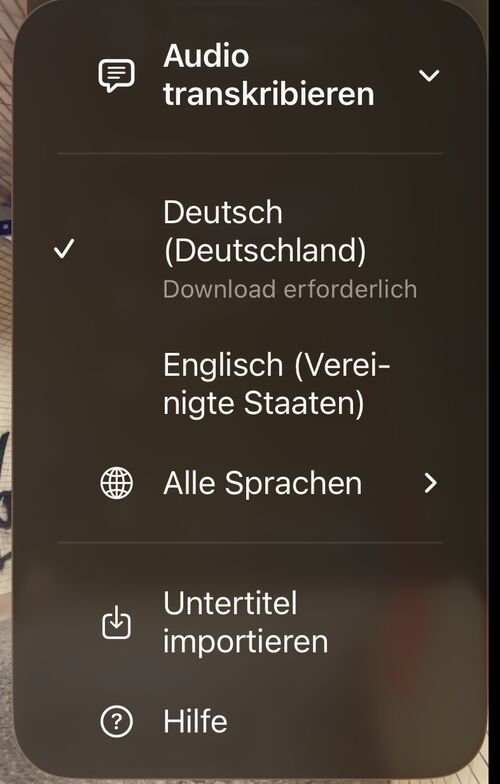 Sprachliste der Transkription: zuerst die eigenen Sprachen, darunter Alle Sprachen, Untertitel importieren und Hilfe