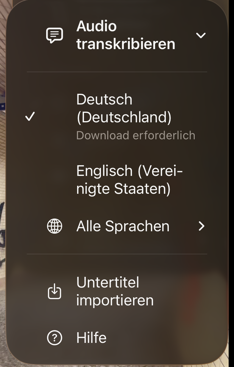 Sprachliste der Transkription: zuerst die eigenen Sprachen, darunter Alle Sprachen, Untertitel importieren und Hilfe