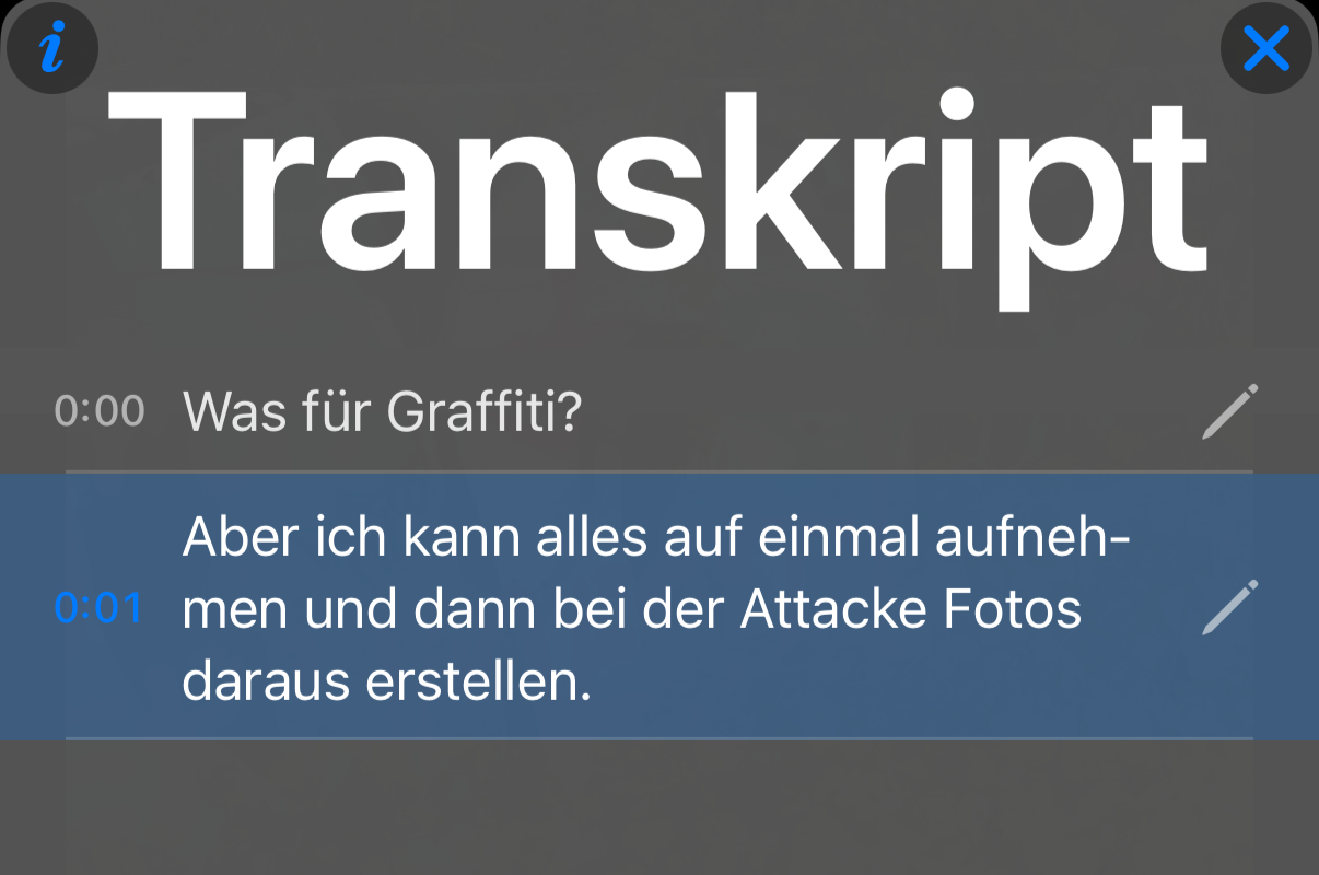 Frisch erkanntes Transkript mit einer falsch verstandenen ersten Zeile und einem falschen letzten Wort