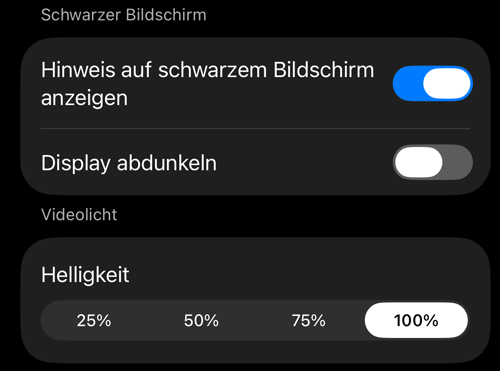 Einstellungen der Sucher-Bedienung: die Abschnitte Schwarzer Bildschirm und Videolicht