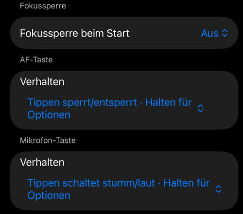 Einstellungen der Sucher-Bedienung: Fokussperre beim Start sowie die Abschnitte AF-Taste und Mikrofon-Taste