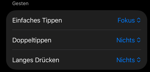Einstellungen der Sucher-Bedienung: der Abschnitt Gesten mit Einfaches Tippen, Doppeltippen und Langes Drücken