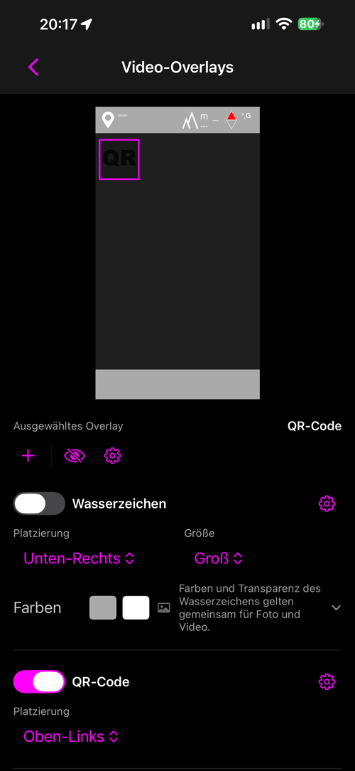 Das Video-Overlay-Layout, das Wasserzeichen aus, der QR-Code an