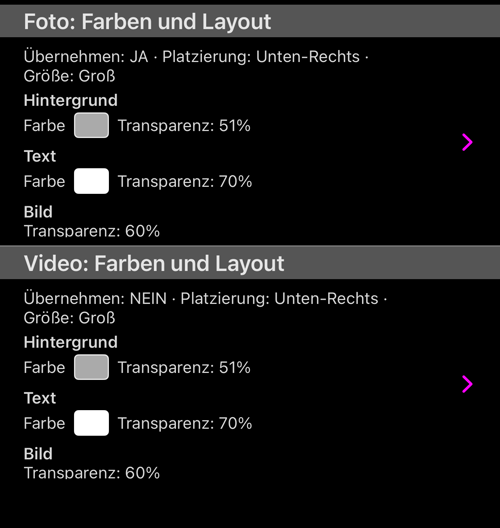 „Foto“ und „Video“ mit je eigener Anwenden-, Positions- und Größenzeile